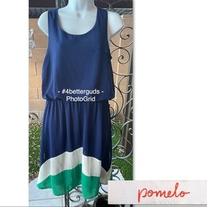Pomelo Sleeveless Navy Dress w Green & White Stripes above Hemline Medium